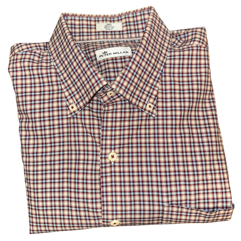 Peter Millar Men's‎ L Burgundy Blue Checker 100% Cotton Button Down Shirt
